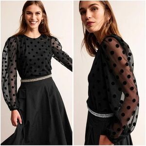 Boden Crew Neck Puff Tulle Top with polka dots, size 8, black